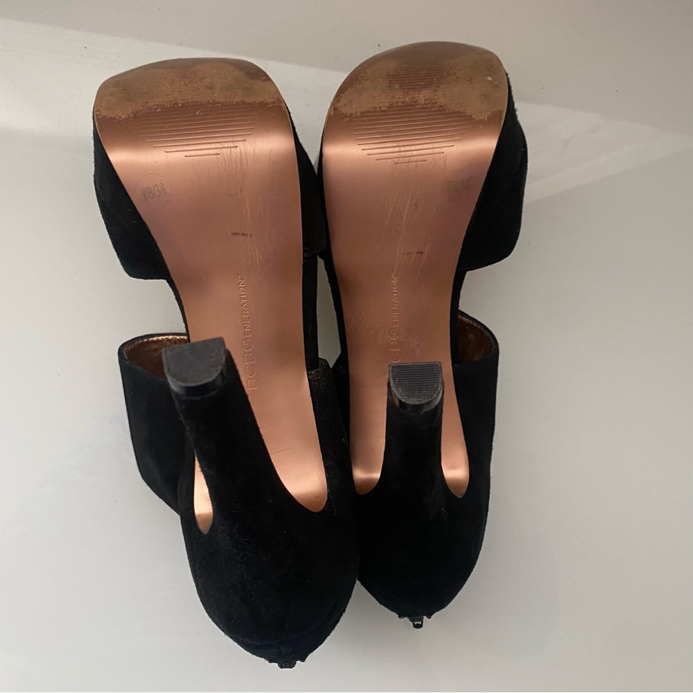 BCBG Suede leather Black Peep-Toe Platform Dress Heels Size 8B - Picture 10 of 12